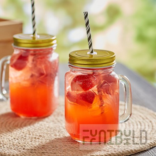 Acopa Rustic Charm 16 oz. Drinking Jar with Handle and Gold Metal Lid with Straw Hole - 12/Case