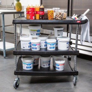 Metro myCart MY2030-34BL Black Utility Cart with Three Shelves and Chrome Posts - 24 Metro myCart MY2030-34BL Black Utility Cart with Three Shelves and Chrome Posts - 24