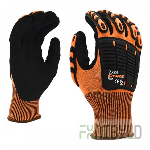 Cordova OGRE-Flex 13 Gauge Hi-Vis Orange Polyester Food-Safe Gloves with Black Sandy Nitrile Palm Coating and TPR Protectors - Large