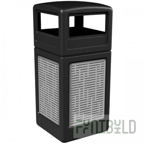 Commercial Zone 732906199 42 Gallon Black Square Trash Can with Stainless Steel Horizontal Line Panels and Dome Lid
