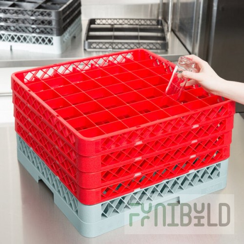 Noble Warewashing 49-Compartment Gray Full-Size Glass Rack with 4 Red Extenders