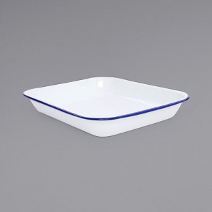 Crow Canyon Home V34BLU Vintage 3 Qt. White Enamelware Roasting Pan with Blue Rolled Rim Crow Canyon Home V34BLU Vintage 3 Qt. White Enamelware Roasting Pan with Blue Rolled Rim