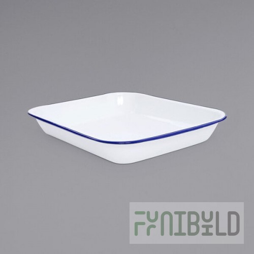 Crow Canyon Home V34BLU Vintage 3 Qt. White Enamelware Roasting Pan with Blue Rolled Rim
