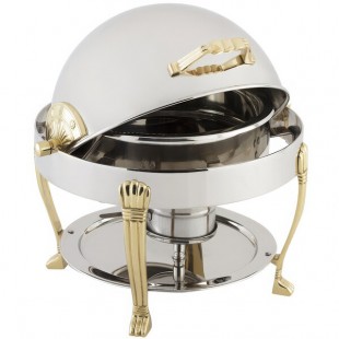 Bon Chef 12014 Petite 3 Qt. Dripless Round Stainless Steel with Brass Accents Roll Top Chafer with Aurora Legs Bon Chef 12014 Petite 3 Qt. Dripless Round Stainless Steel with Brass Accents Roll Top Chafer with Aurora Legs