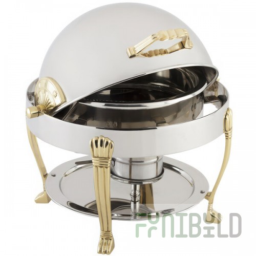 Bon Chef 12014 Petite 3 Qt. Dripless Round Stainless Steel with Brass Accents Roll Top Chafer with Aurora Legs