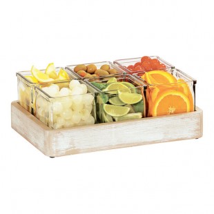 Cal-Mil Newport White-Washed Pine Wood Condiment Organizer with 6 Glass Jars - 12 3/4
