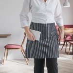 Choice Black and White Chalk Stripe Poly-Cotton Half Bistro Apron with 2 Pockets - 18