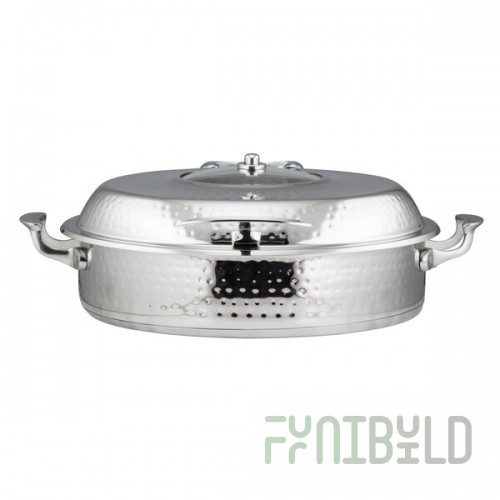 Bon Chef 60030HFSHL Cucina 6 Qt. Stainless Steel Induction Hammered Brazier Pan with Slow Down Hinged Glass Cover