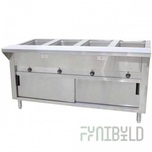 Advance Tabco SW-4E-120-DR-T Four Pan Electric Hot Food Table with Thermostatic Control, Enclosed Base, and Sliding Doors - Sealed Well, 120V
