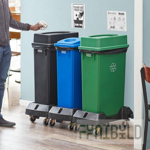 Lavex 69 Gallon 3-Stream Slim Rectangular Mobile Recycle Station with Black Drop Shot, Green Drop Shot, and Blue Bottle / Can Lids