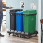 Lavex 69 Gallon 3-Stream Slim Rectangular Mobile Recycle Station with Black Drop Shot, Green Drop Shot, and Blue Bottle / Can Lids Lavex 69 Gallon 3-Stream Slim Rectangular Mobile Recycle Station with Black Drop Shot, Green Drop Shot, and Blue Bottle / Can Lids