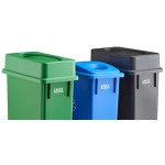 Lavex 69 Gallon 3-Stream Slim Rectangular Mobile Recycle Station with Black Drop Shot, Green Drop Shot, and Blue Bottle / Can Lids Lavex 69 Gallon 3-Stream Slim Rectangular Mobile Recycle Station with Black Drop Shot, Green Drop Shot, and Blue Bottle / Can Lids
