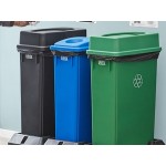 Lavex 69 Gallon 3-Stream Slim Rectangular Mobile Recycle Station with Black Drop Shot, Green Drop Shot, and Blue Bottle / Can Lids Lavex 69 Gallon 3-Stream Slim Rectangular Mobile Recycle Station with Black Drop Shot, Green Drop Shot, and Blue Bottle / Can Lids