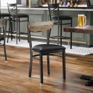 Lancaster Table & Seating Boomerang Black Finish Chair with Black Vinyl Seat and Driftwood Back Lancaster Table & Seating Boomerang Black Finish Chair with Black Vinyl Seat and Driftwood Back