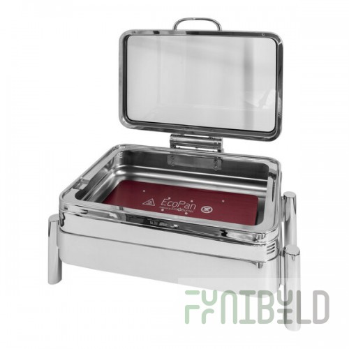 EcoBurner 7-Star Series EcoRock 8 Qt. Full Size Silver Rectangular Stainless Steel Waterless Chafer with Hinged Glass Lid EB15375G