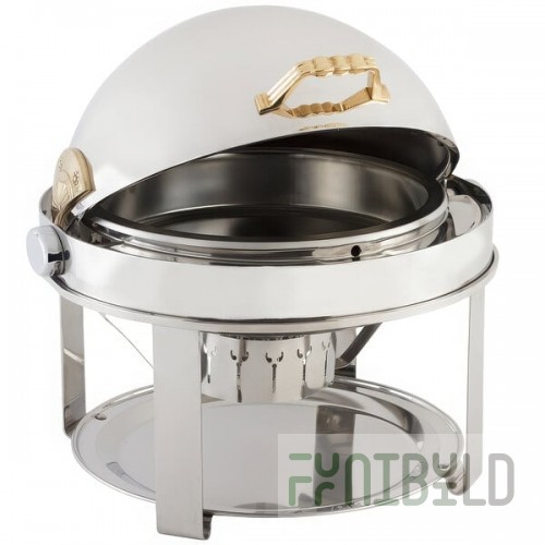 Bon Chef 12010G Elite Round 8 Qt. Dripless Round Stainless Steel with Gold Accents Roll Top Chafer with Contemporary Legs
