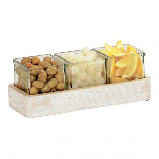 Cal-Mil Newport White-Washed Pine Wood Condiment Organizer with 3 Glass Jars - 12 3/4