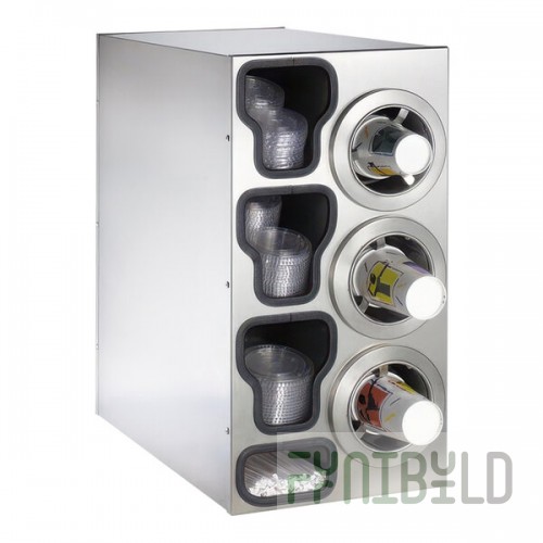 Dispense-Rite Stainless Steel One-Size-Fits-All 3-Compartment Right Side Countertop Cup Dispenser with Built-In Lid and Straw Organizer CTC-C-3RSS