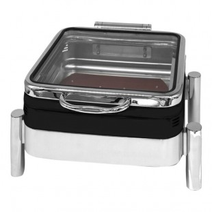 EcoBurner 7-Star Series EcoRock 6 Qt. 2/3 Size Xylo Black Coated Square Stainless Steel Waterless Chafer with Hinged Glass Lid EB15374GMB