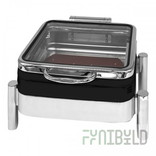 EcoBurner 7-Star Series EcoRock 6 Qt. 2/3 Size Xylo Black Coated Square Stainless Steel Waterless Chafer with Hinged Glass Lid EB15374GMB