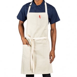 Uncommon Chef 3115 Sand Beige Customizable 100% Cotton Canvas Vibe Bib Apron with Natural Webbing and 3 Pockets - 34