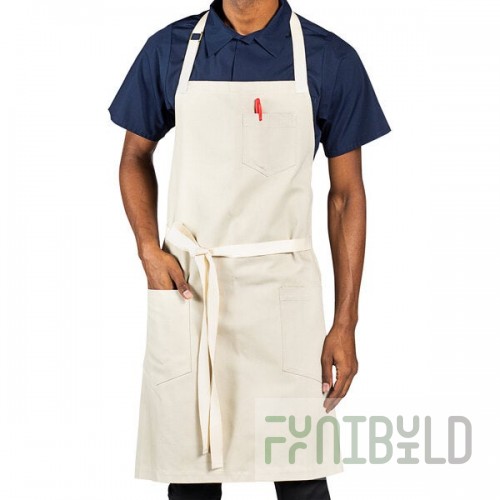 Uncommon Chef 3115 Sand Beige Customizable 100% Cotton Canvas Vibe Bib Apron with Natural Webbing and 3 Pockets - 34