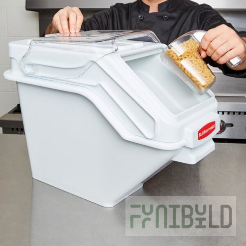 Rubbermaid® FG9G5700WHT ProSave 6.3 Gallon / 100 Cup White Shelf Ingredient Storage Bin with Sliding Lid & Scoop
