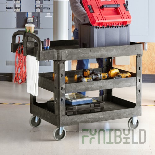 Lavex Large Black 3-Shelf Utility Cart with Ergonomic Handle and Built-In Tool Compartments - 43 1/8