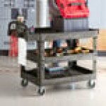Lavex Large Black 3-Shelf Utility Cart with Ergonomic Handle and Built-In Tool Compartments - 43 1/8