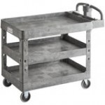 Lavex Large Black 3-Shelf Utility Cart with Ergonomic Handle and Built-In Tool Compartments - 43 1/8