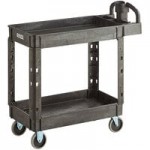 Lavex Large Black 3-Shelf Utility Cart with Ergonomic Handle and Built-In Tool Compartments - 43 1/8