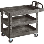 Lavex Large Black 3-Shelf Utility Cart with Ergonomic Handle and Built-In Tool Compartments - 43 1/8