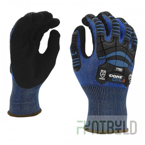 Cordova OGRE CRX-2 18 Gauge Blue CRX Fiber Touchscreen Food-Safe Gloves with Black Sandy Nitrile Palm Coating and TPR Protectors - Large