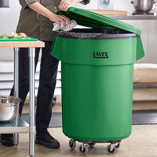 Lavex 55 Gallon Green Round Commercial Trash Can with Lid and Dolly Lavex 55 Gallon Green Round Commercial Trash Can with Lid and Dolly