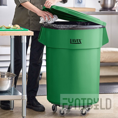 Lavex 55 Gallon Green Round Commercial Trash Can with Lid and Dolly