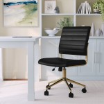 Martha Stewart Ivy Black Faux Leather Swivel Armless Office Chair with Polished Brass Finish