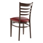 Lancaster Table & Seating Spartan Metal Ladder Back Chair with Dark Walnut Wood Grain Finish and Burgundy Vinyl Seat - Detached Seat