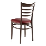 Lancaster Table & Seating Spartan Metal Ladder Back Chair with Dark Walnut Wood Grain Finish and Burgundy Vinyl Seat - Detached Seat
