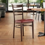 Lancaster Table & Seating Spartan Metal Ladder Back Chair with Dark Walnut Wood Grain Finish and Burgundy Vinyl Seat - Detached Seat