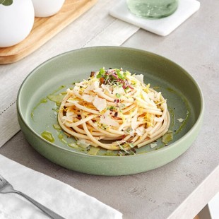 Acopa Pangea 22 oz. Sage Green Matte Porcelain Pasta Bowl - Sample Acopa Pangea 22 oz. Sage Green Matte Porcelain Pasta Bowl - Sample