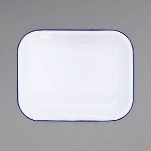 Crow Canyon Home V22BLU Vintage 2 Qt. White Enamelware Roasting Pan with Blue Rolled Rim