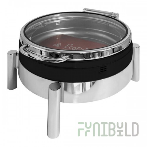 EcoBurner 7-Star Series EcoRock 6 Qt. 2/3 Size Xylo Black Coated Round Stainless Steel Waterless Chafer with Hinged Glass Lid EB15378GMB