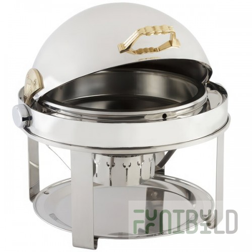 Bon Chef 12010 Elite Round 8 Qt. Dripless Round Stainless Steel with Brass Accents Roll Top Chafer with Contemporary Legs