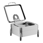 Acopa Manchester 6 Qt. 2/3 Size Square Stainless Steel Induction / Traditional Dual Purpose Chafer with Glass Top, Soft Close Lid, and Stand with Fuel Holders