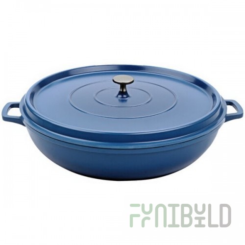 GET Heiss 7.5 Qt. Cobalt Blue Enamel Coated Cast Aluminum Round Brazier / Paella Pan with Lid CA-015-CB/BK/CC