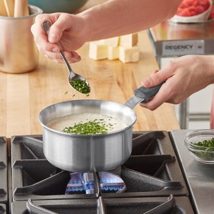 Vollrath Tribute 1.5 Qt. Tri-ply Stainless Steel Sauce Pan / Butter Warmer with Black Silicone Handle 702115
