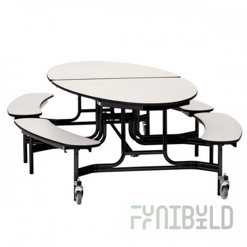 National Public Seating METB-PWPEPC 10' Elliptical Mobile Plywood Cafeteria Table with Powder Coated Frame, ProtectEdge, and 4 Benches