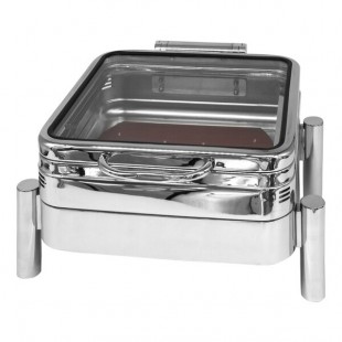 EcoBurner 7-Star Series EcoRock 6 Qt. 2/3 Size Silver Square Stainless Steel Waterless Chafer with Hinged Glass Lid EB15374G