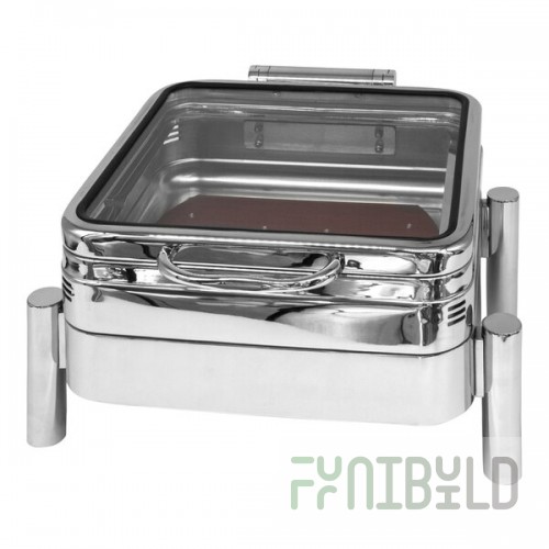 EcoBurner 7-Star Series EcoRock 6 Qt. 2/3 Size Silver Square Stainless Steel Waterless Chafer with Hinged Glass Lid EB15374G