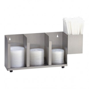 Dispense-Rite Stainless Steel 3-Section Countertop Cup / Lid Organizer with Straw Attachment CTLD-15A